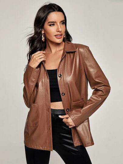 PU Dual Pocket Solid Coat | SHEIN