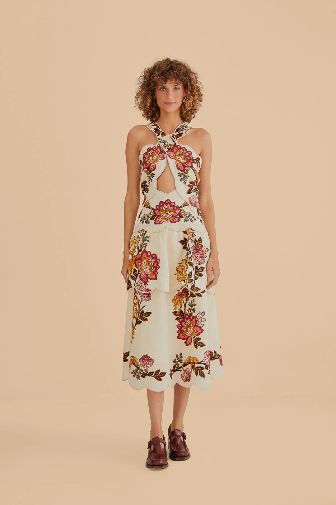 Sand Leopard Flowers Cut Out Midi Dress | FarmRio (US)