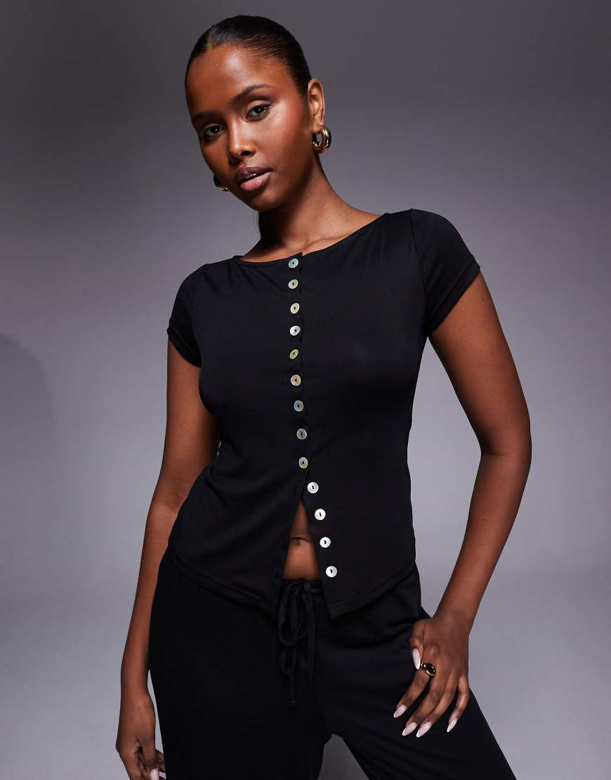 Princess Polly Angellina boat neck pearl button through short sleeve top co-ord in black | ASOS (Global)