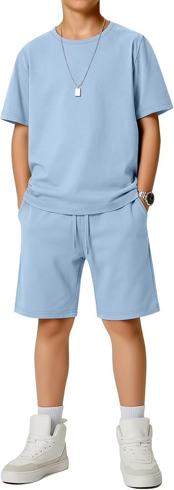 Boys' 2 Piece Outfits Summer Short Sleeve Crew Neck T shirts and Shorts Set Kids Casual Clothes 5... | Amazon (US)