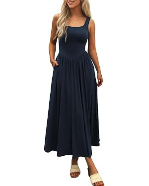 Women's Summer Maxi Dress 2025 - Sleeveless Square Neck Casual Beach Sundress with Pockets, Flowy... | Amazon (US)