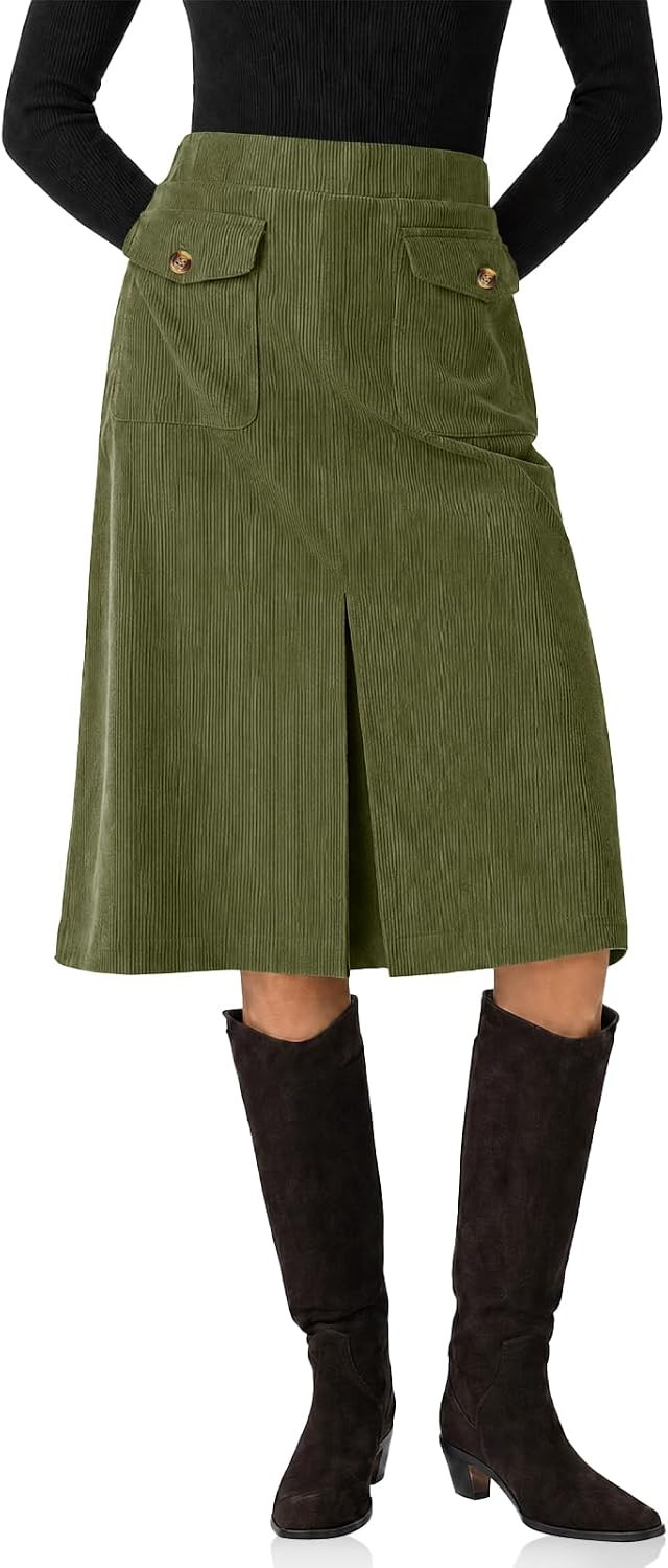 Cicy Bell Women Corduroy Midi Skirt Fall A-Line Front Slit Skirts | Amazon (US)