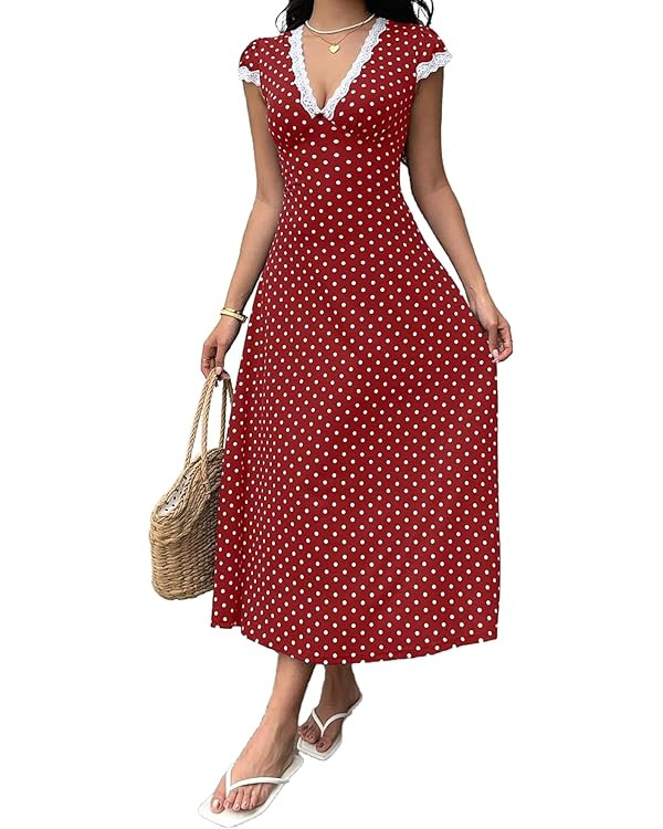 Milumia Women's Polka Dots Maxi Dress Lace Trim Deep V Neck Short Sleeve Flared Dresses Spring Su... | Amazon (US)