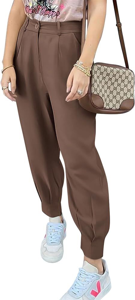 PRETTYGARDEN Women's Summer High Waisted Pants Casual Ankle Length Work Office Trouser Slacks wit... | Amazon (US)