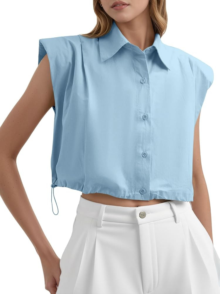Tankaneo Womens Sleeveless Button Down Shirts Casual Loose V Neck Pad Shoulder Crop Tank Top | Amazon (US)