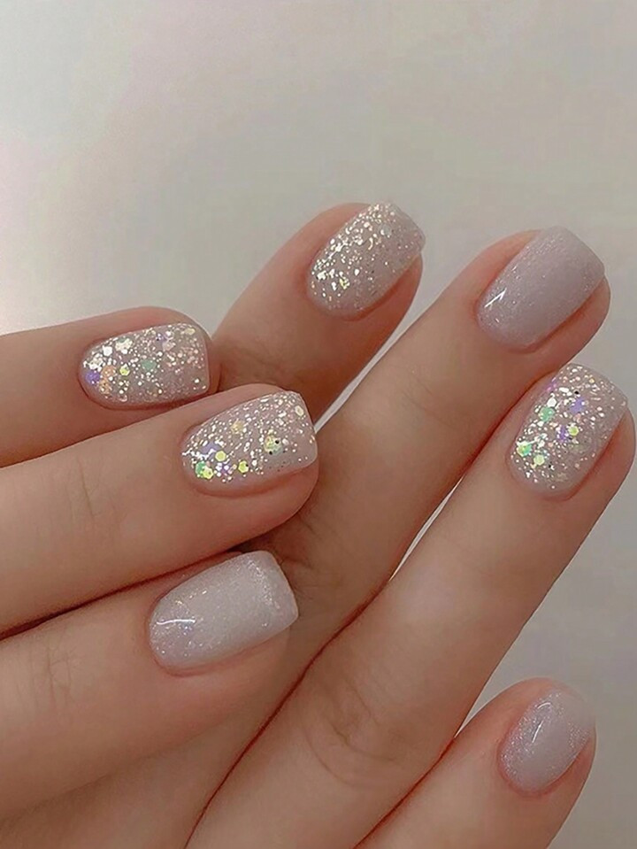 24pcs Short Square Shape Shining Glitter Milk White Artificial False Nails For Parties, Including... | SHEIN