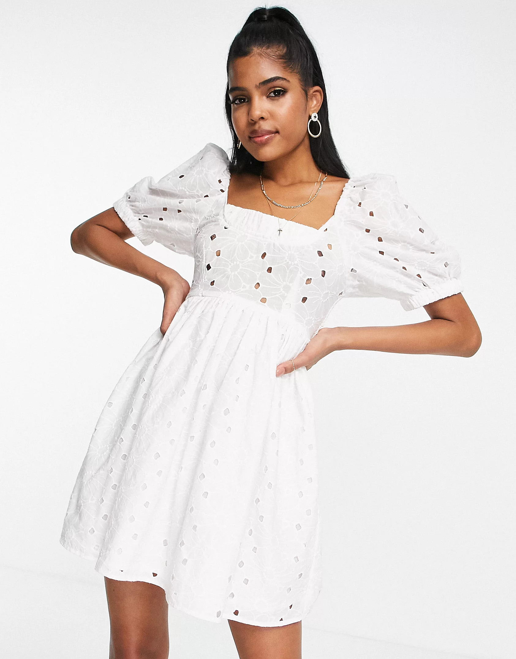ASOS DESIGN eyelet mini smock dress with shirred back in white | ASOS (Global)