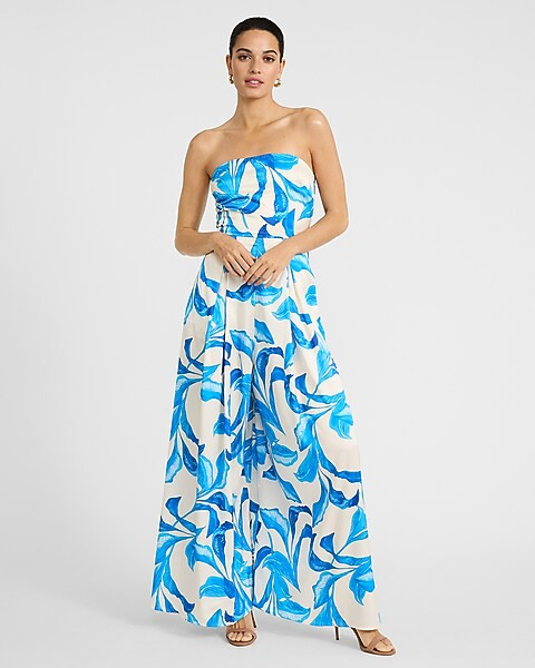 Satin Floral Strapless Tie Back Wide Leg Jumpsuit With Pockets | Express