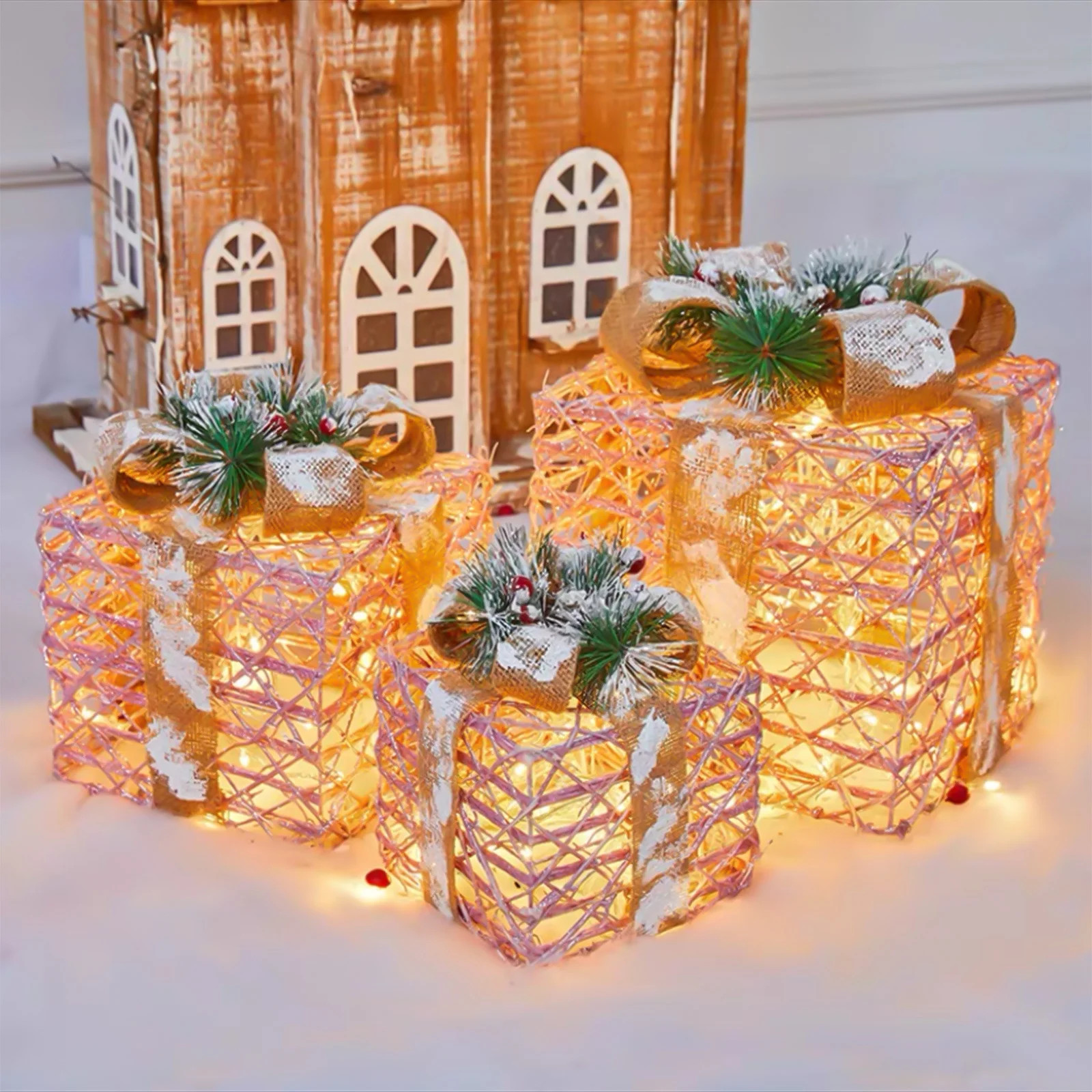 SDJMa Christmas Set of 3 Lighted Rattan Gift Boxes Decorations, 80 LED Warm White Light Up Christ... | Walmart (US)