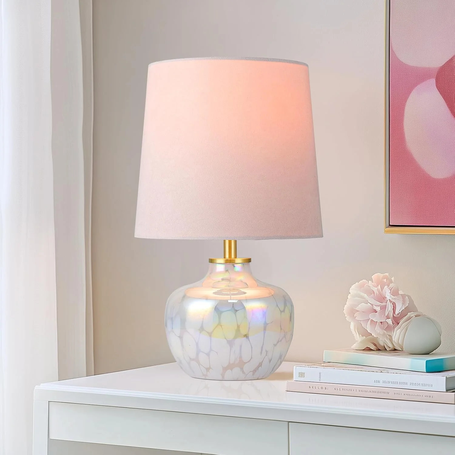 15" Hand-Blown Glass Table Lamp, Blush Pink Velvet Shade, Mesmerizing Pearlized Swirling Cloud Ba... | Walmart (US)