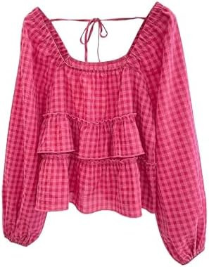 GORGLITTER Women's Cute Babydoll Tops Y2k Gingham Peplum Ruffle Plaid Bishop Long Sleeve Blouses ... | Amazon (US)