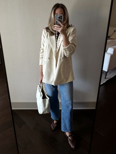 Cream blazer with barrel jeans and mesh flats 
