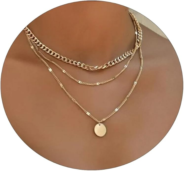 VIROMY Dainty Gold Necklace for Women 14K Gold Plated Layered Satellite Necklaces Trible Layering... | Amazon (US)