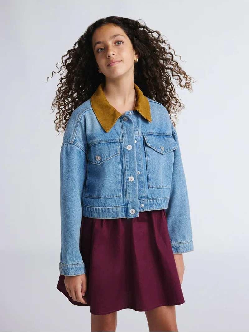 Weekend Academy Girls Denim Workwear Jacket with Corduroy Collar, Sizes 4-18 | Walmart (US)