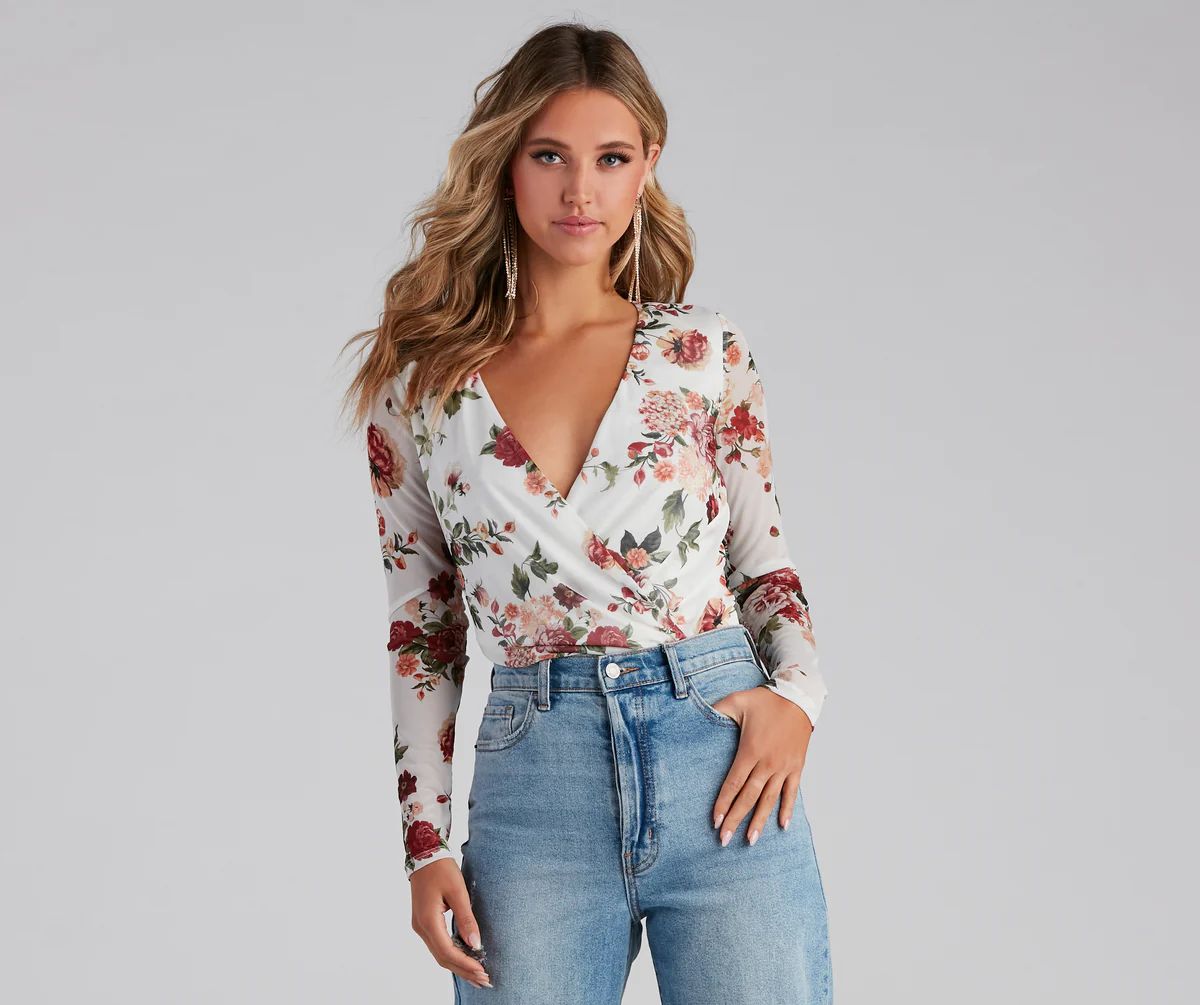 Natural Bloom Mesh Floral Surplice Bodysuit | Windsor Stores