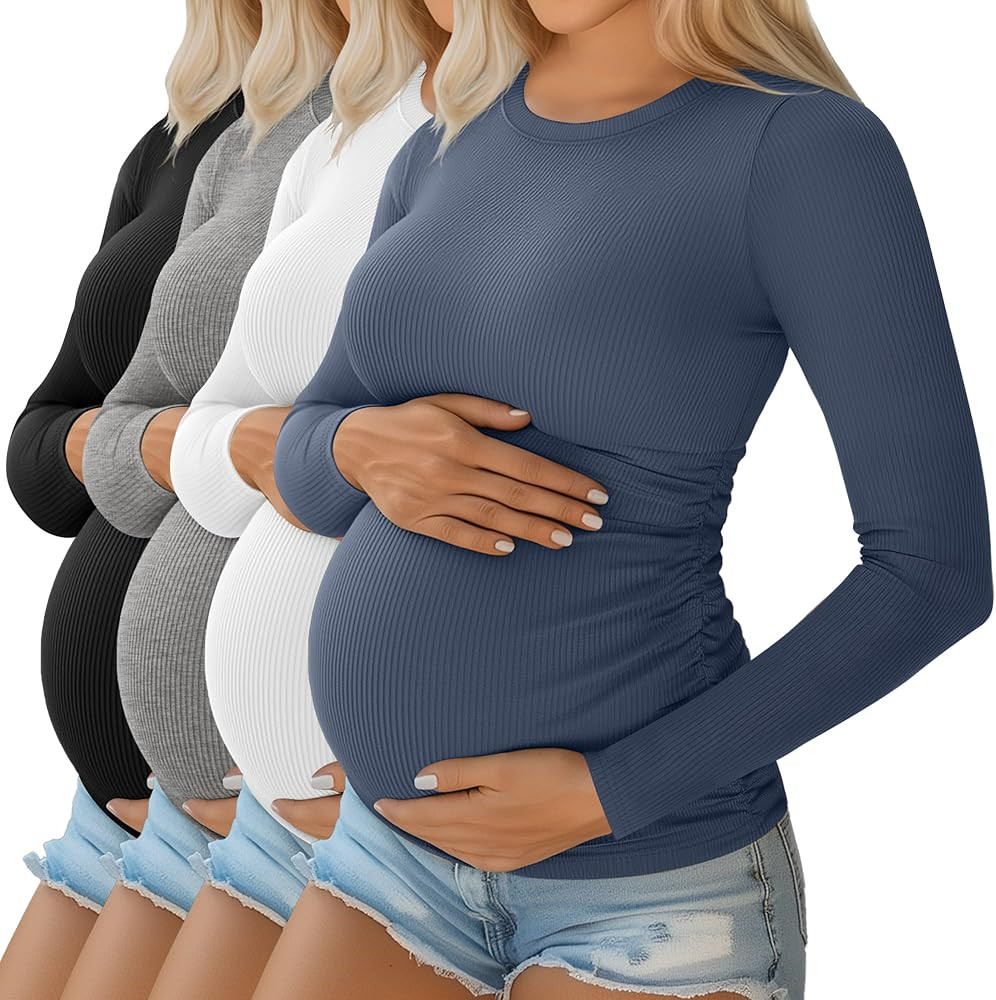 Ficerd 4 Pack Women's Maternity Shirts Cotton Long Sleeve Ribbed Crew Neck Pregnancy Tops Side Ru... | Amazon (US)