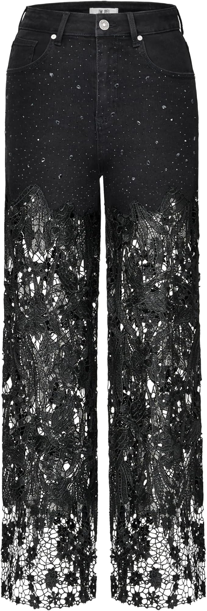 JW PEI Women's Embroidery High Rise Wide Leg Lace Denim Jeans with Rhinestone | Amazon (US)