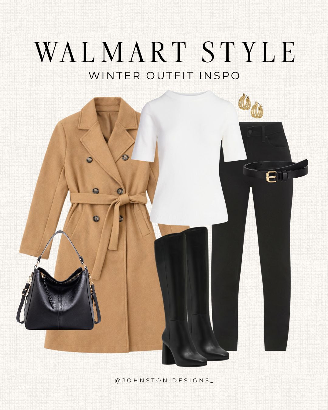 Chic and affordable winter outfit inspo! Peacoat, sweater styling, black jeans, knee high boots, handbag, winter look, cold weather styling, Walmart fashion. 

 #LTKootd #LTKSeasonal #LTKFindsUnder50