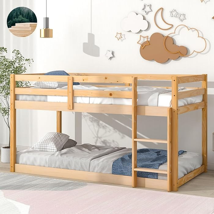 Low Bunk Beds for Kids, Wood Twin Over Twin Bunk Bed with Stairs, Floor Bunk Beds with Storage Sh... | Amazon (US)