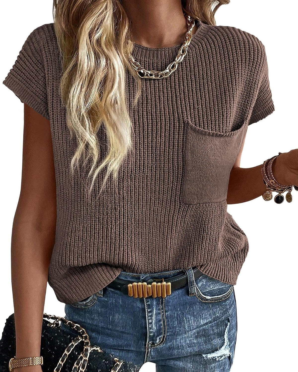 KIRUNDO Short Sleeve Sweater for Women Summer Crochet Tops | Amazon (US)