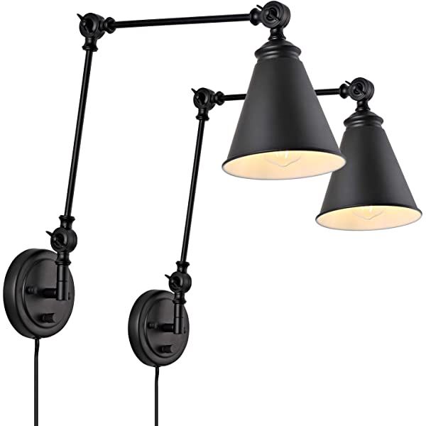 Wray Modern Indoor Adjustable Swing Arm Wall Lamp with Cord Set of 2 Black Antique Brass Plug-in Lig | Amazon (US)