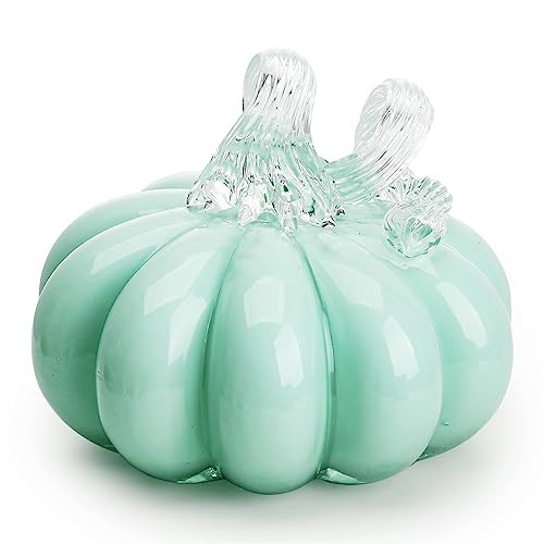 QFkris 4inch Hand Blown Glass Pumpkin Figurine Collectibles Art Glass Halloween Pumpkin Decor Table Accent for Fall Harvest Decorating,Turquoise | Amazon (US)