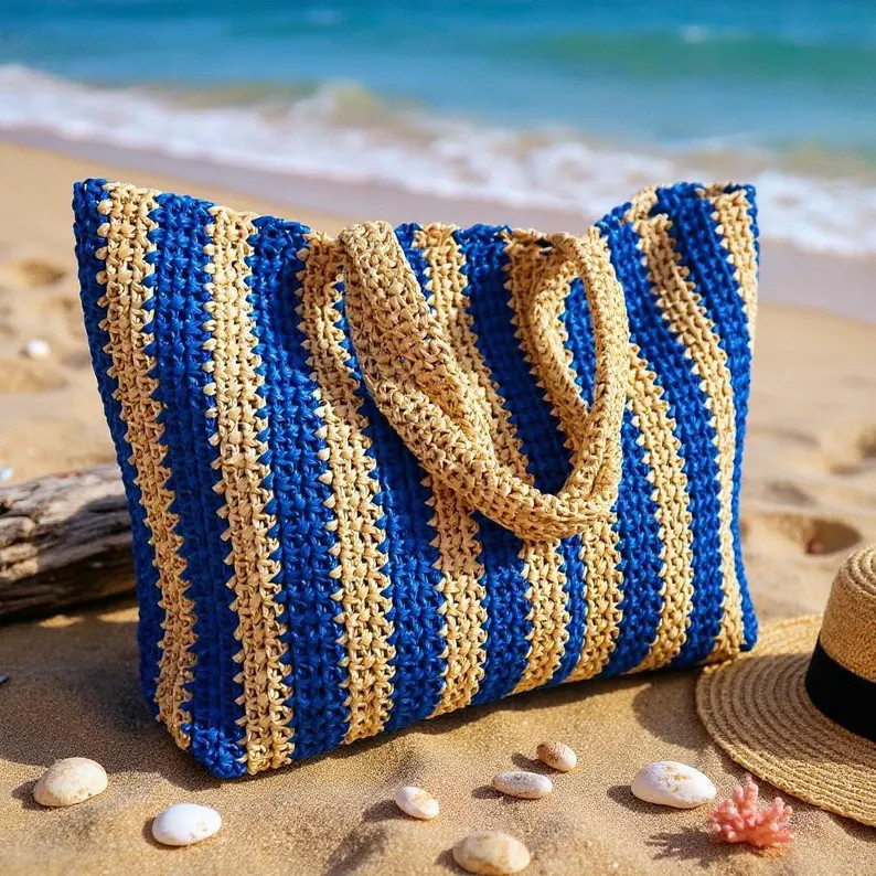 Handmade Raffia Tote Bag: Striped Crochet Beach Summer Shoulder Bag | Etsy (Global)