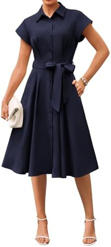 GRACE KARIN Womens Summer Work Business Casual Midi Shirt Dresses | 2026 V Neck Short Sleeve Butt... | Amazon (US)