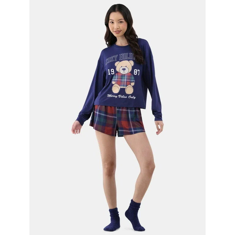 Grayson Social Cozy Hollydays Junior's Sleep Tee, Shorts and Socks Set, Sizes S-3X | Walmart (US)