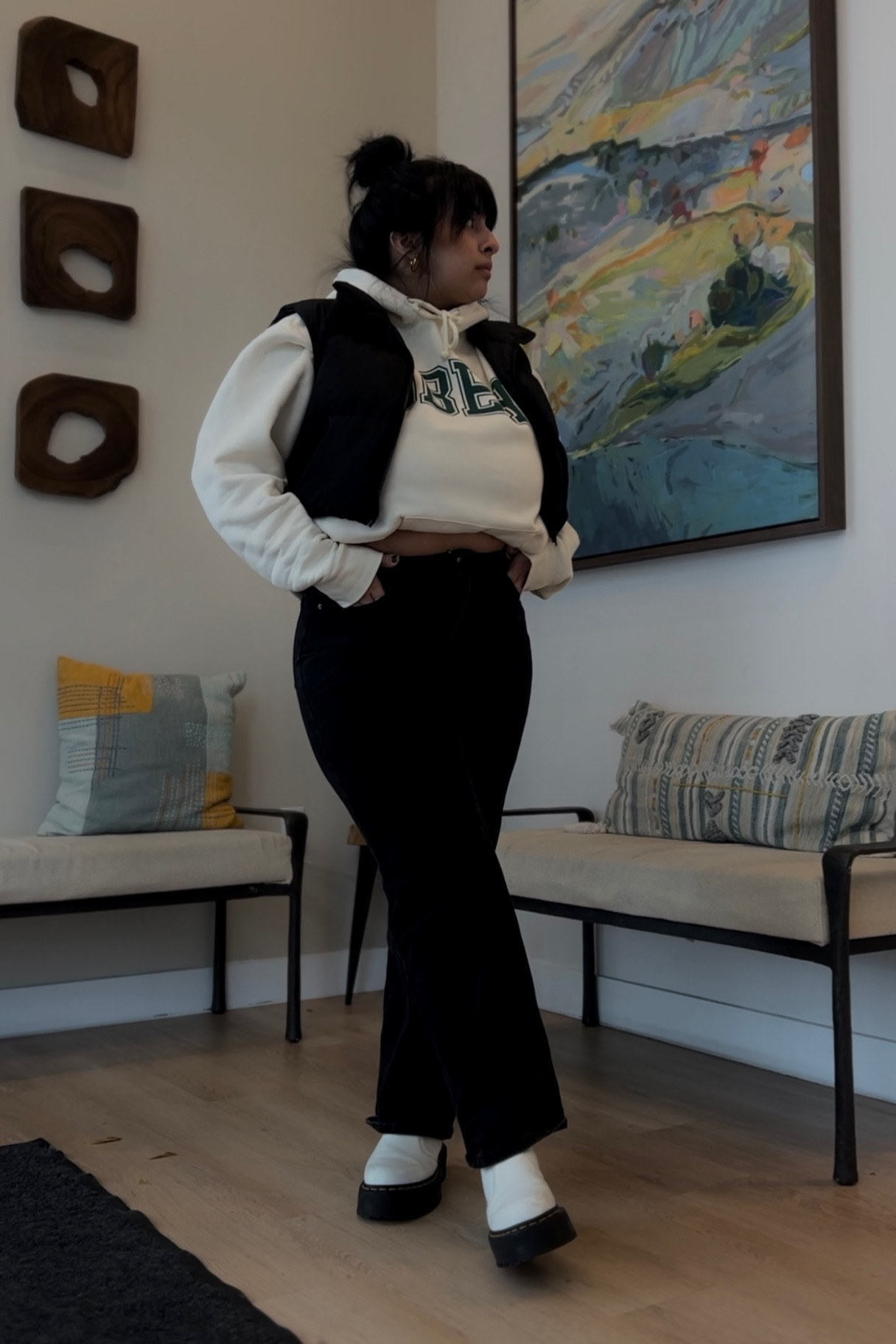 Rainy Day Work Fit 🌧️ oversized OBEY sweater with black puffer vest, black jeans & white docs 🤍

#LTKsalealert #LTKstyletip #LTKfindsunder100
