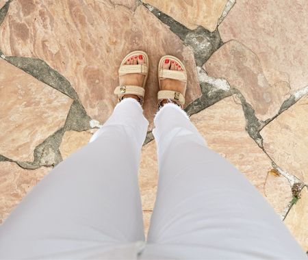 White jeans that are flattering and stretchy! Tts! Sandals also run tts! 

#LTKShoeCrush #LTKSeasonal #LTKOver40