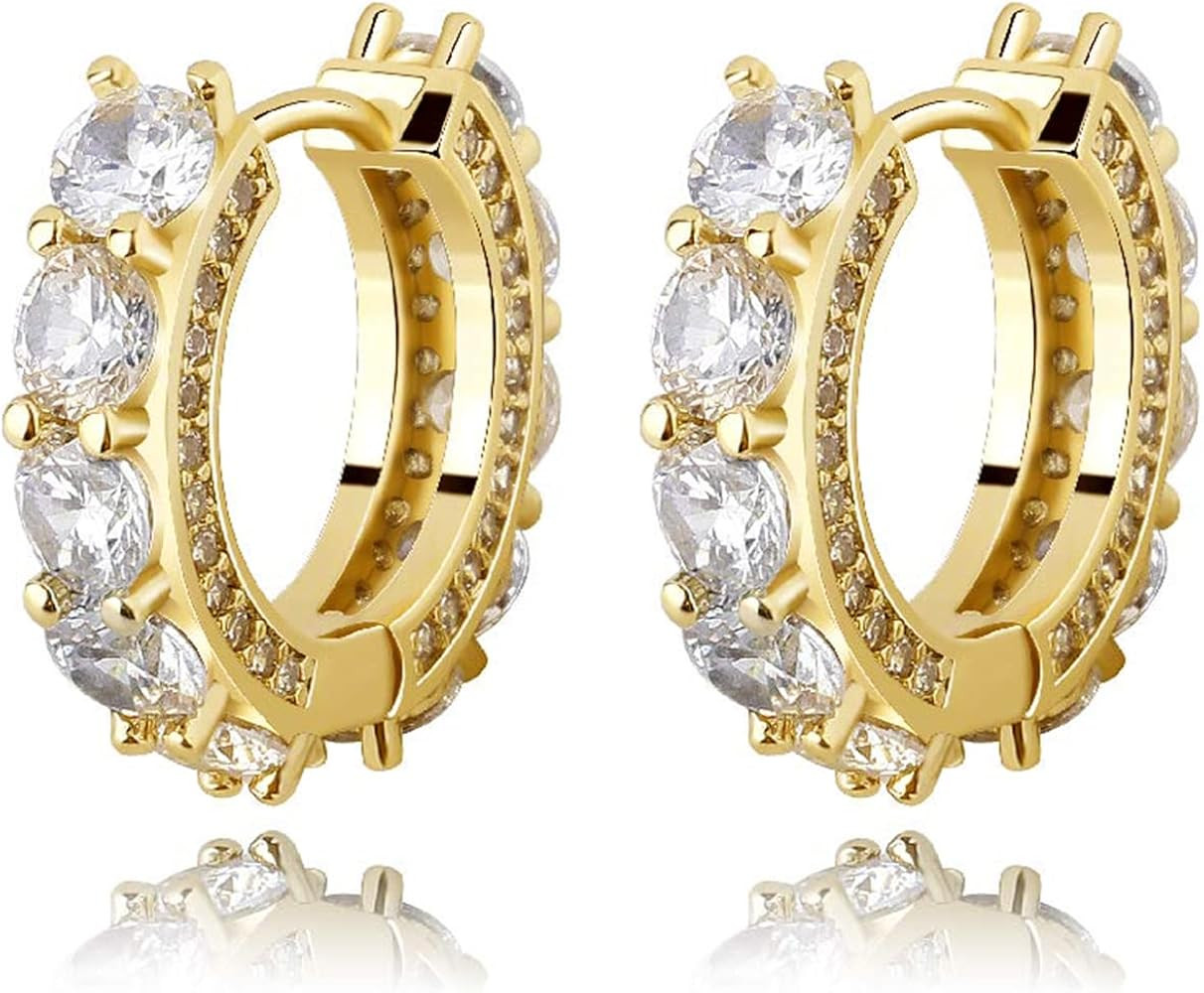 TOPGRILLZ Gold Plated Hoop Earrings For Men 14K Golden Silver Plated 5A+ Cubic Zirconia Huggie Ea... | Amazon (US)