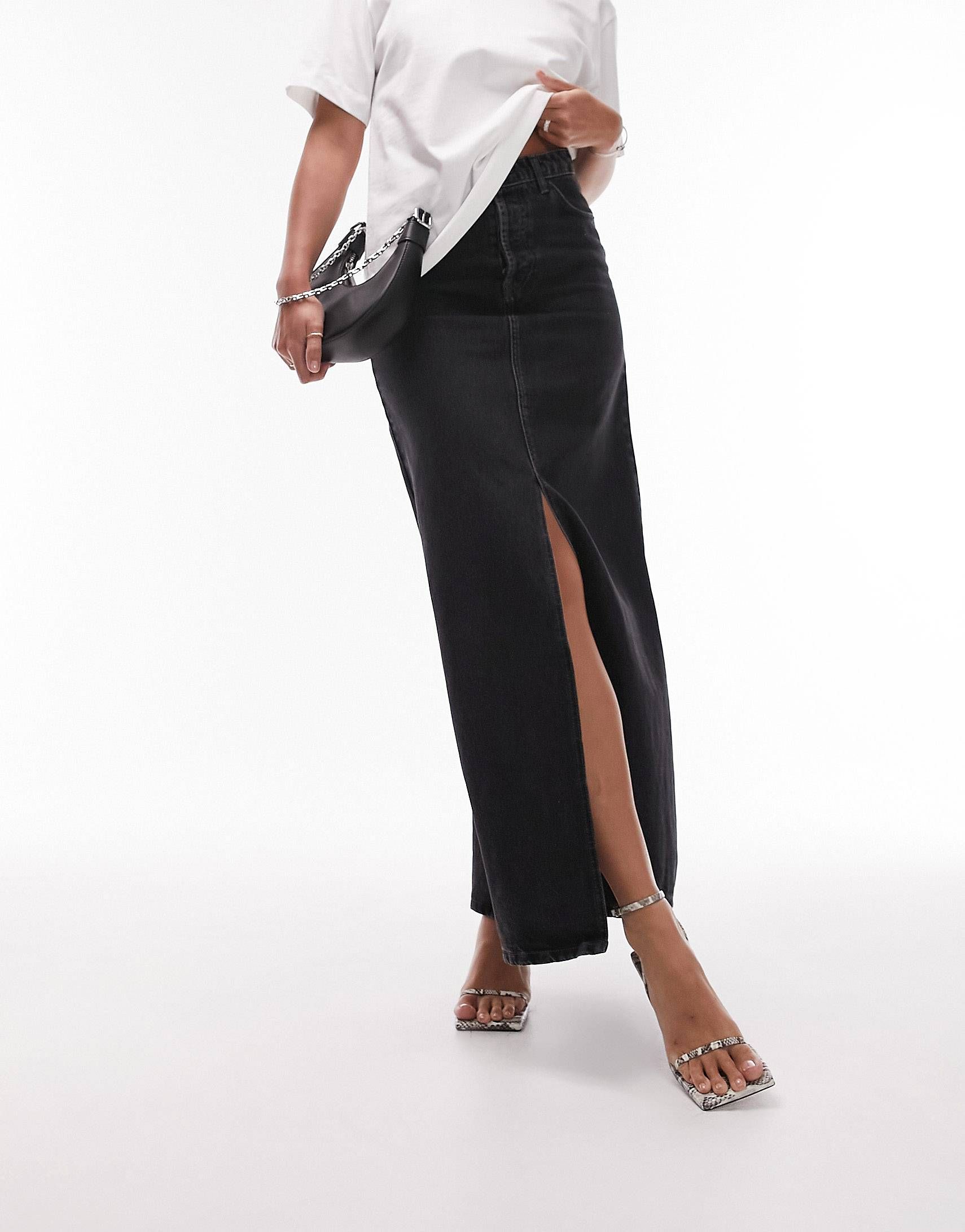 Topshop Tall denim low slung maxi skirt in washed black | ASOS (Global)