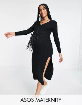 ASOS DESIGN Maternity knit ribbed dress with v neck in black | ASOS | ASOS (Global)