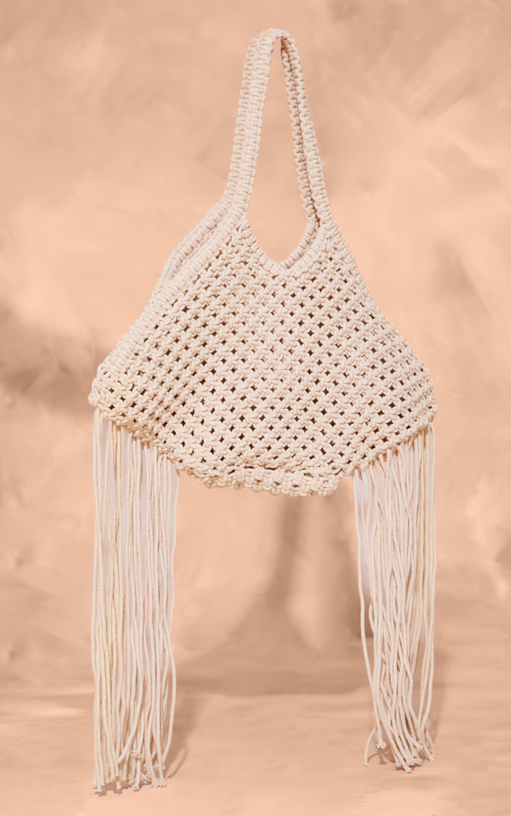 Cream Crochet Shoulder Tassel Beach Bag | PrettyLittleThing US
