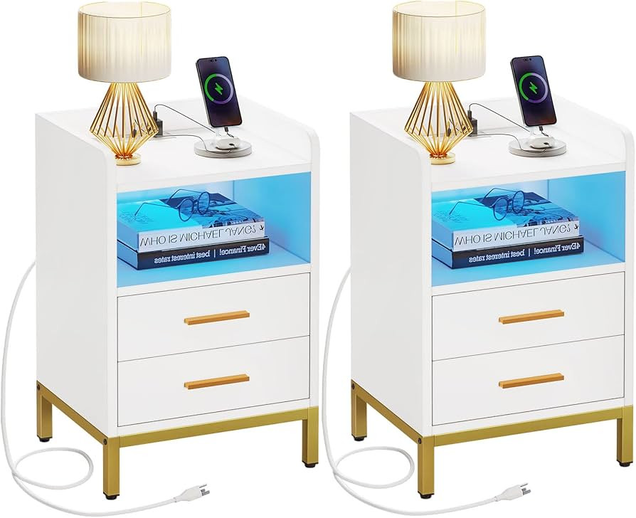 YITAHOME Nightstand with Charging Station and LED Lights, End Side Table with 2 Drawers, Modern B... | Amazon (US)