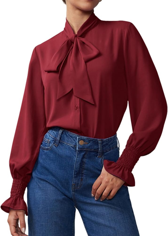 Neweek Chiffon Blouses for Women Bow Tie Neck Long Sleeve Dressy Casual Smocked Cuffed Shirts Off... | Amazon (US)
