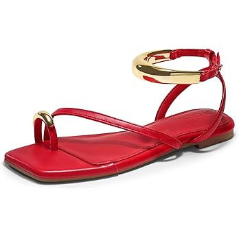 Coutgo Womens Strappy Flat Sandals Flip Flops Open Toe Ring Sandals Metal Ankle Strap Summer Beac... | Amazon (US)