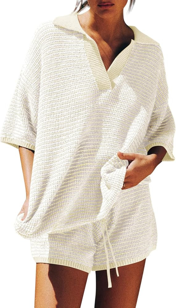 Tankaneo Womens Sweater Set 2 Piece Outfits Oversized 3/4 Sleeve V Neck Knit Tops High Waisted Sh... | Amazon (US)