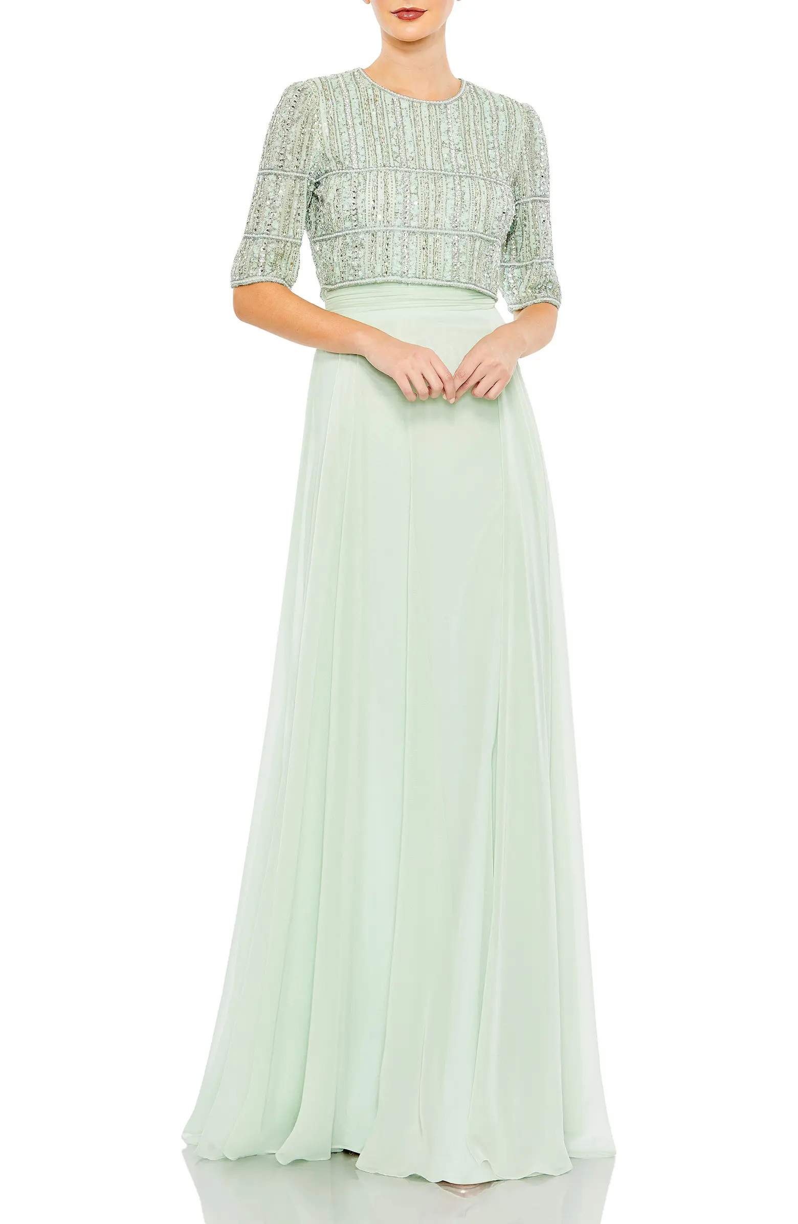 Fully Beaded 3/4 Sleeves Top Chiffon Gown | Nordstrom