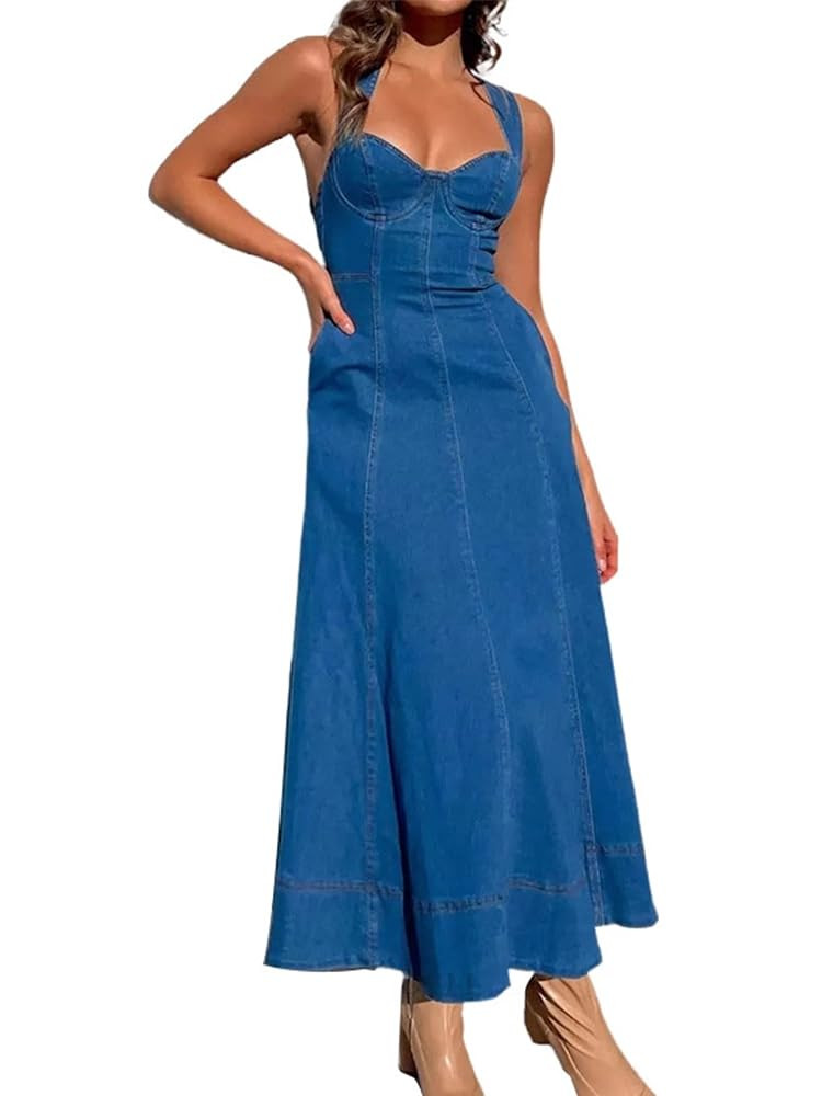 Womens Sleeveless Long Denim Dress Adjustable Strap Casual Loose Flowy A Line Maxi Jean Tank Dres... | Amazon (US)