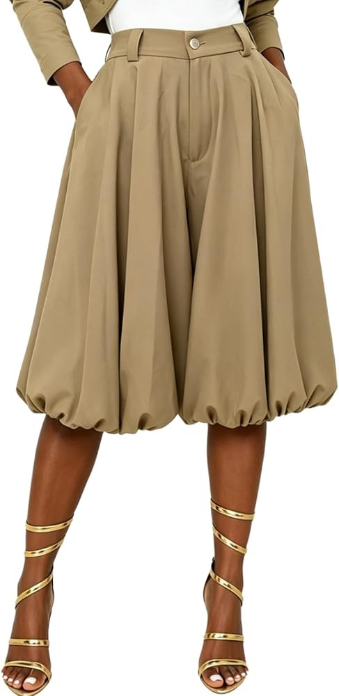 Pleated Culottes Women Wide Leg Bubble Hem Dressy Casual Bermuda Shorts | Amazon (US)