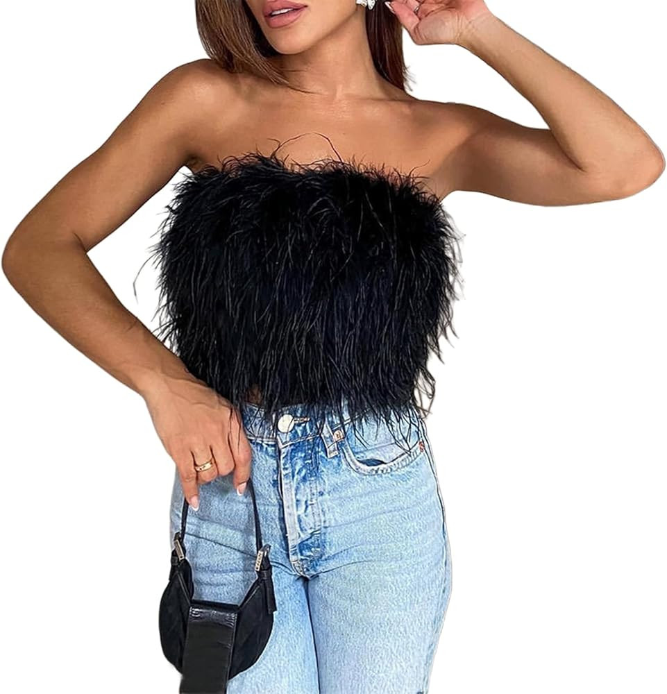 Women Sexy Y2k Feather Crop Tops Faux Fur Spaghetti Straps Tube Top for Concert Club Party Clubwe... | Amazon (US)