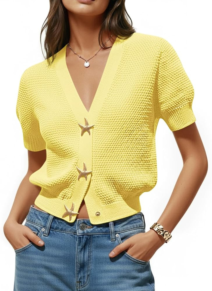 Saodimallsu Womens Puff Short Sleeve Cardigans V Neck Button Down Casual Summer Lightweight Knit ... | Amazon (US)