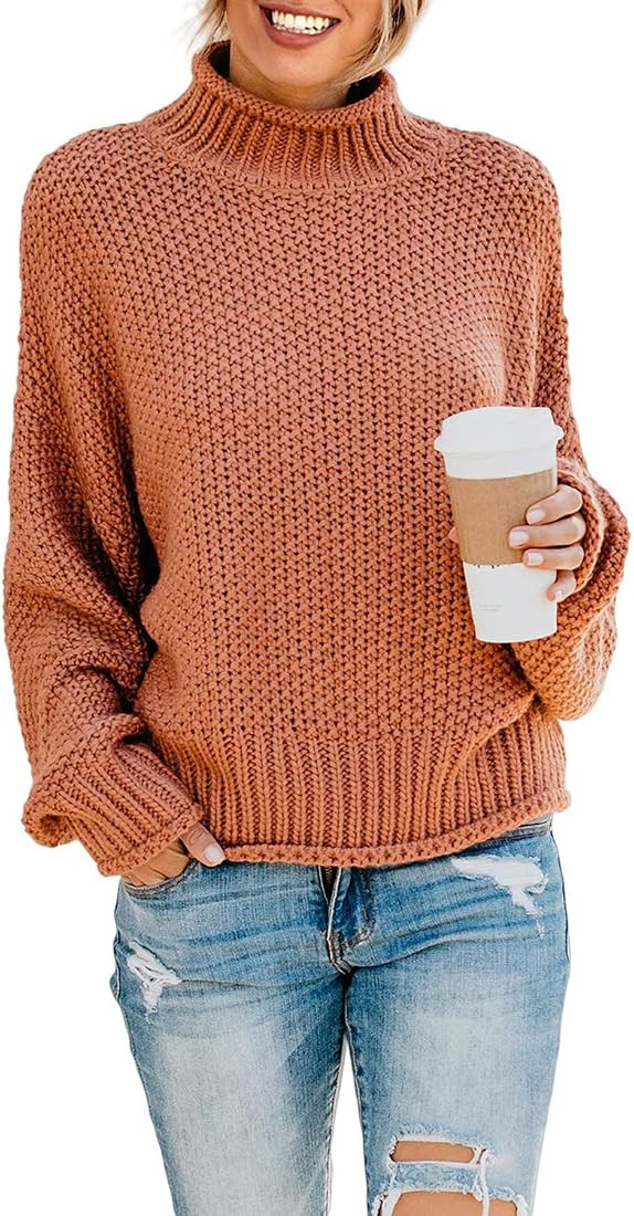 Dokotoo Womens 2022 Winter Fall Solid Turtleneck High Neck Balloon Long Sleeve Sweaters Pullover Out | Amazon (US)