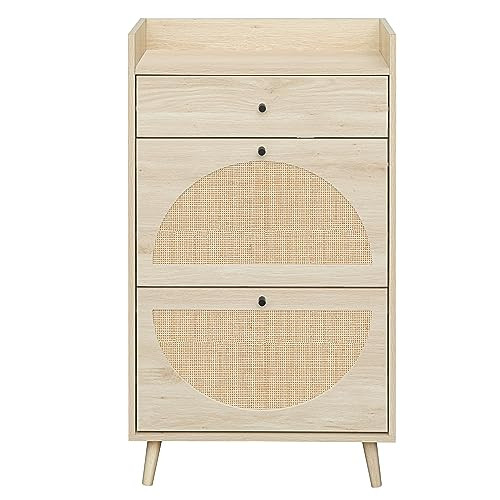 ZeHuoGe Natural Rattan Shoe Cabinet with 2 Flip Drawers, Shoe Rack Storage Cabinet for Heels, Sli... | Amazon (US)