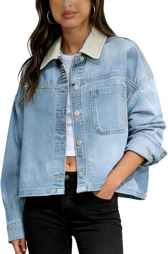 Omoone Women's Denim Jakcet Cropped Oversized Jean Jackets Color Block Patchwork Collar Long Slee... | Amazon (US)