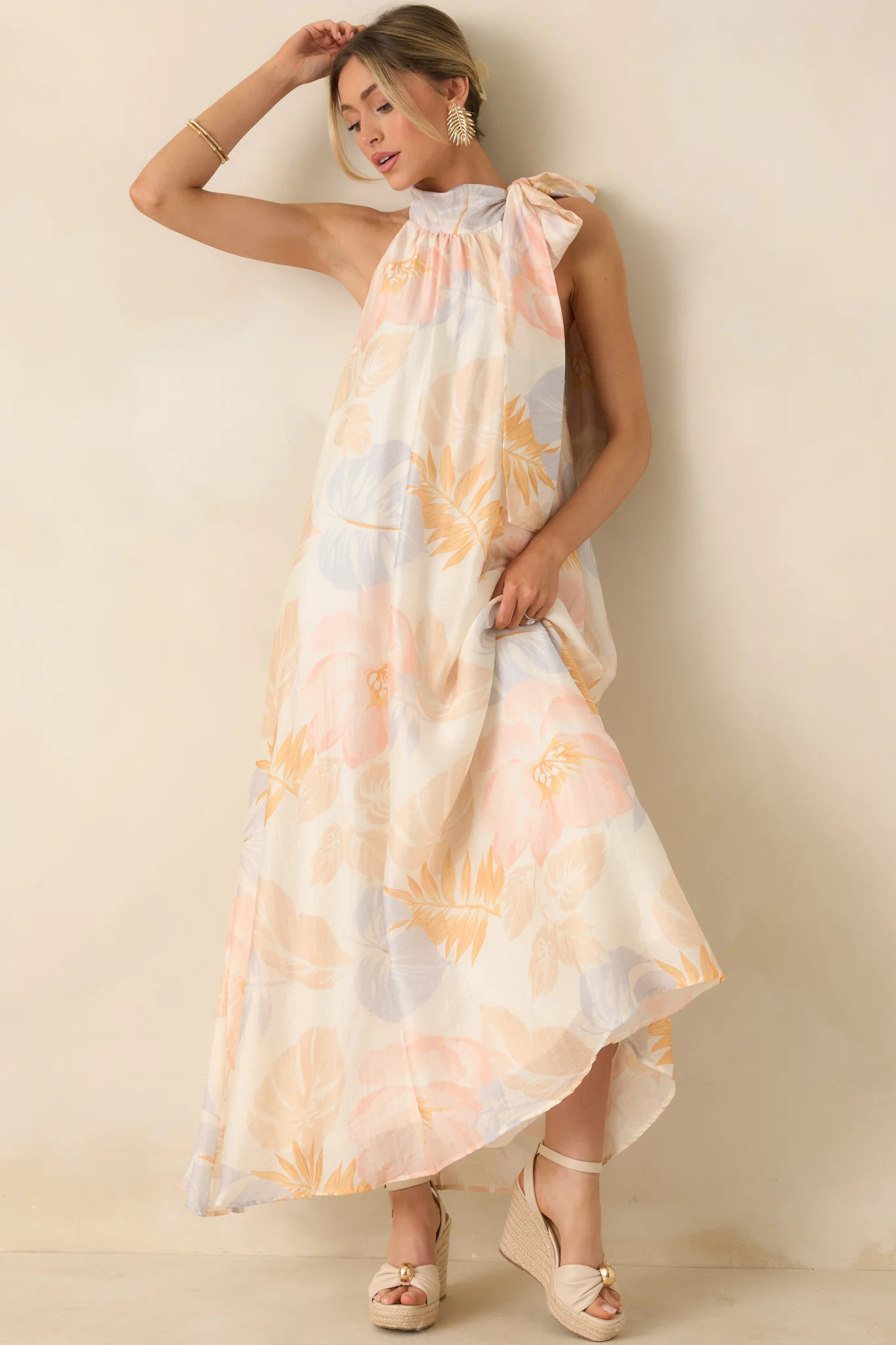 Naturally Radiant Ivory Multi Tropical Print Halter Maxi Dress | Red Dress