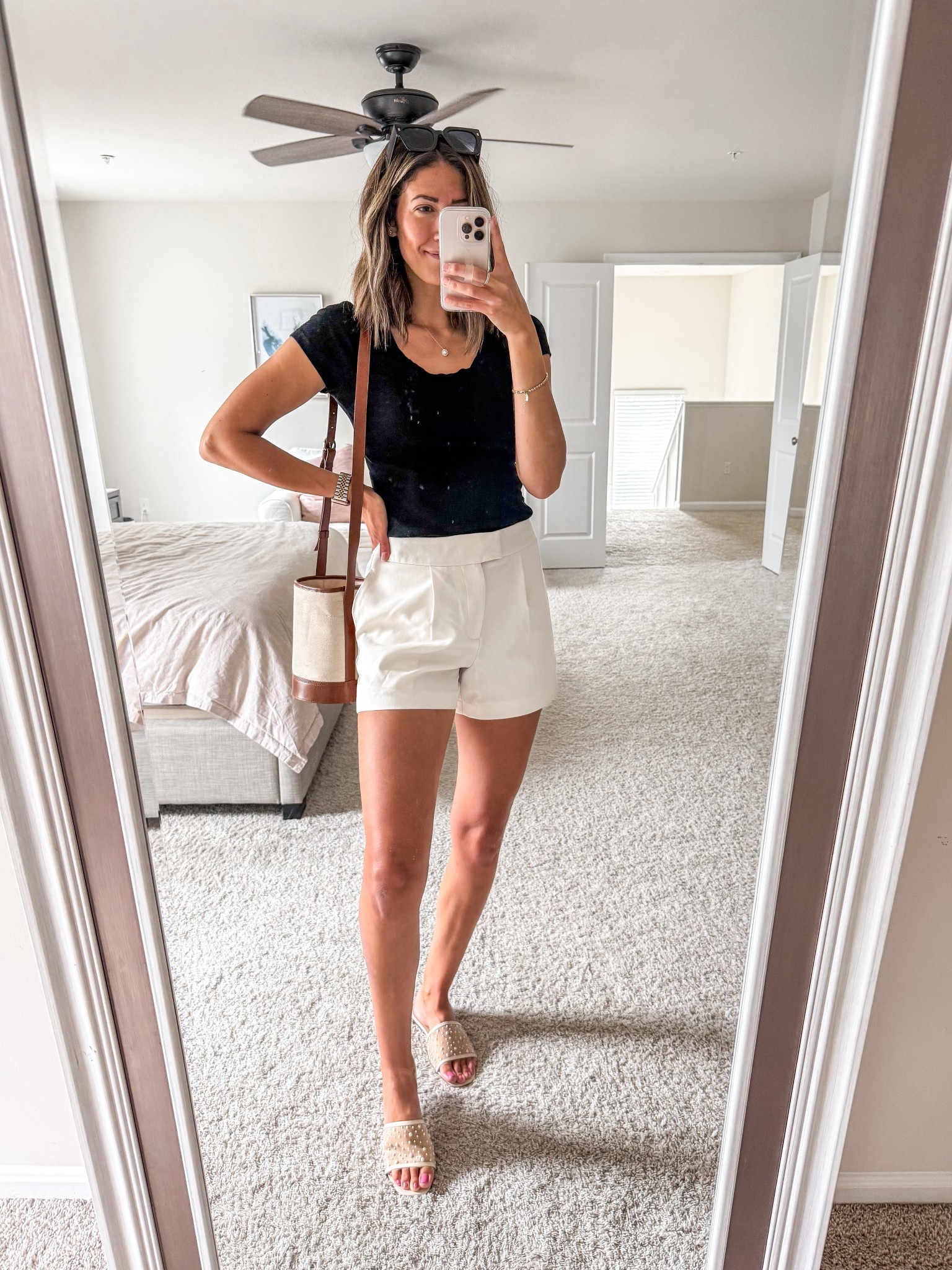 Lunch date outfit. 
Sized up 1 in these shorts for a little looser fit. (Wearing size 8) 
Bag is last years version of bucket bag - I linked this years version or a similar Amazon one! 

#LTKStyleTip #LTKSaleAlert #LTKFindsUnder50