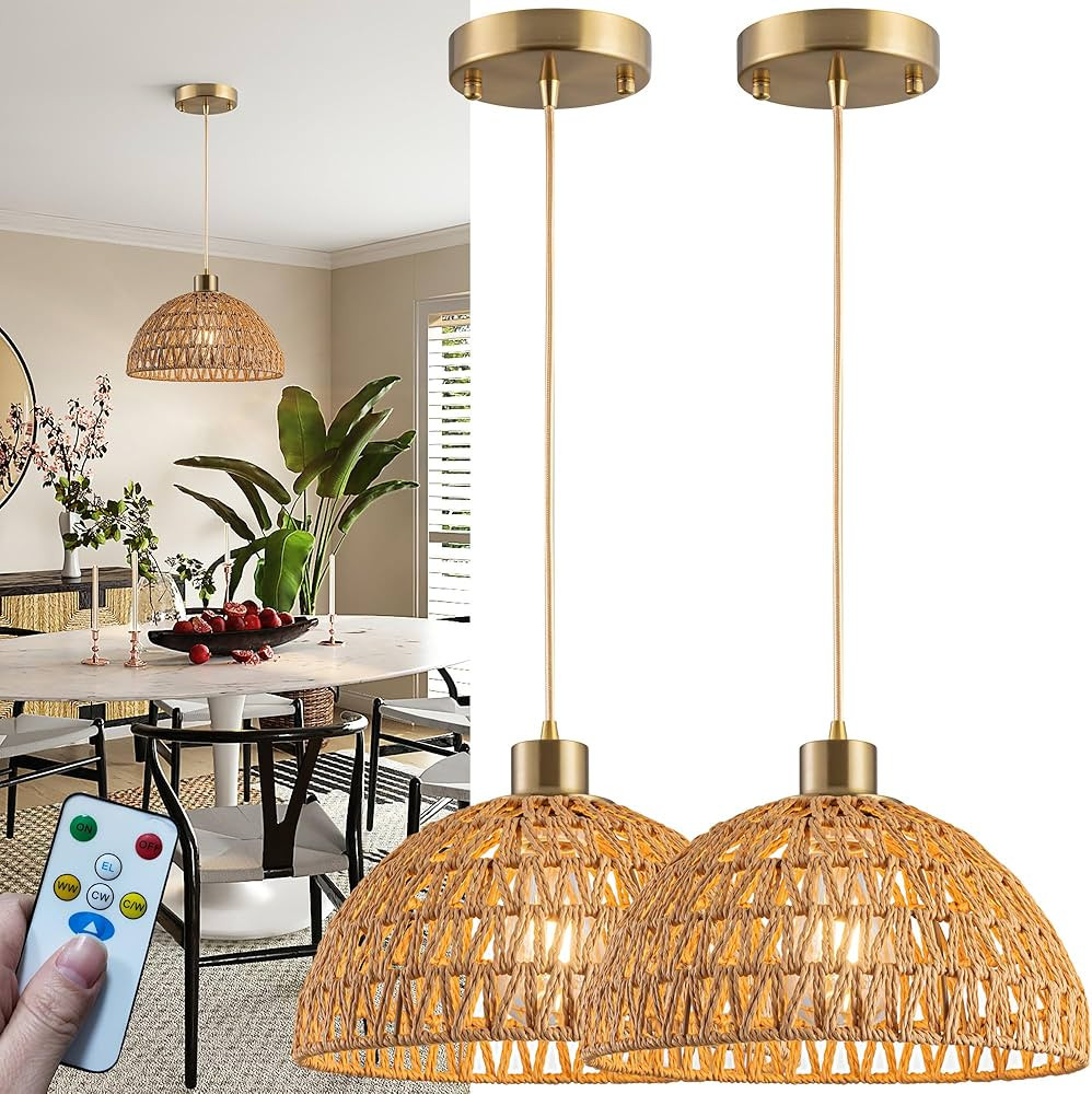 Battery Operated Pendant Light with Remote-Battery Chandelier Handwoven rattan, Battery Hanging L... | Amazon (US)